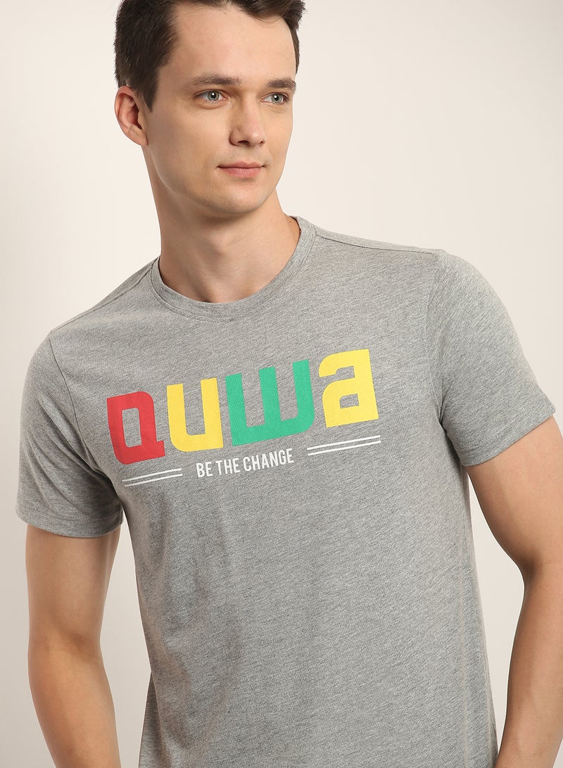 QUWA Men casual slim fit multicolor brand logo printed T-shirt Cloud Grey  - Image 4