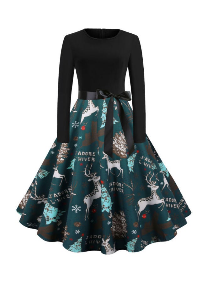 OUTAD Printed Long Sleeve Party Fashion Dress Black/Green - Image 1