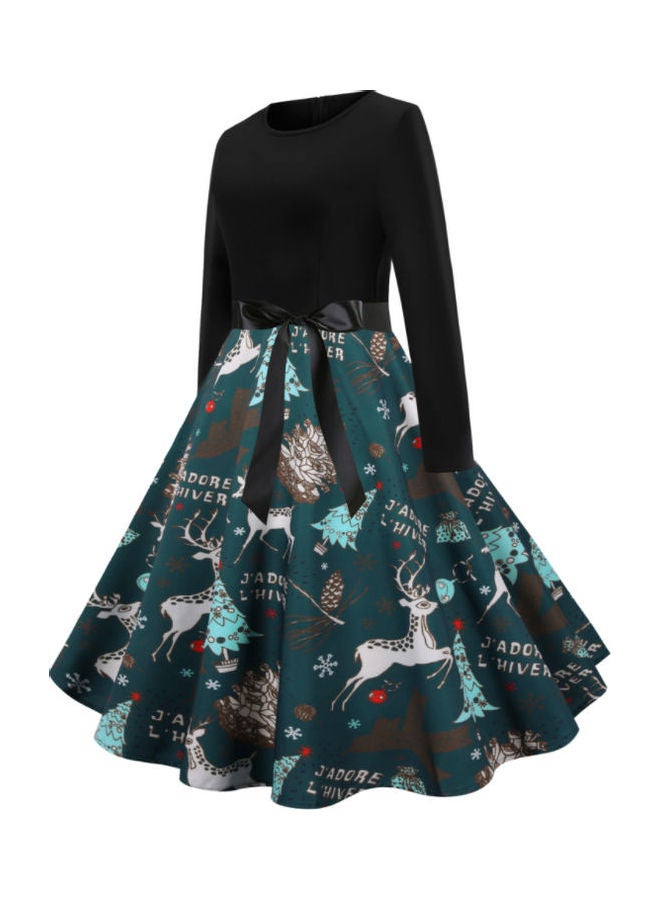 OUTAD Printed Long Sleeve Party Fashion Dress Black/Green - Image 3