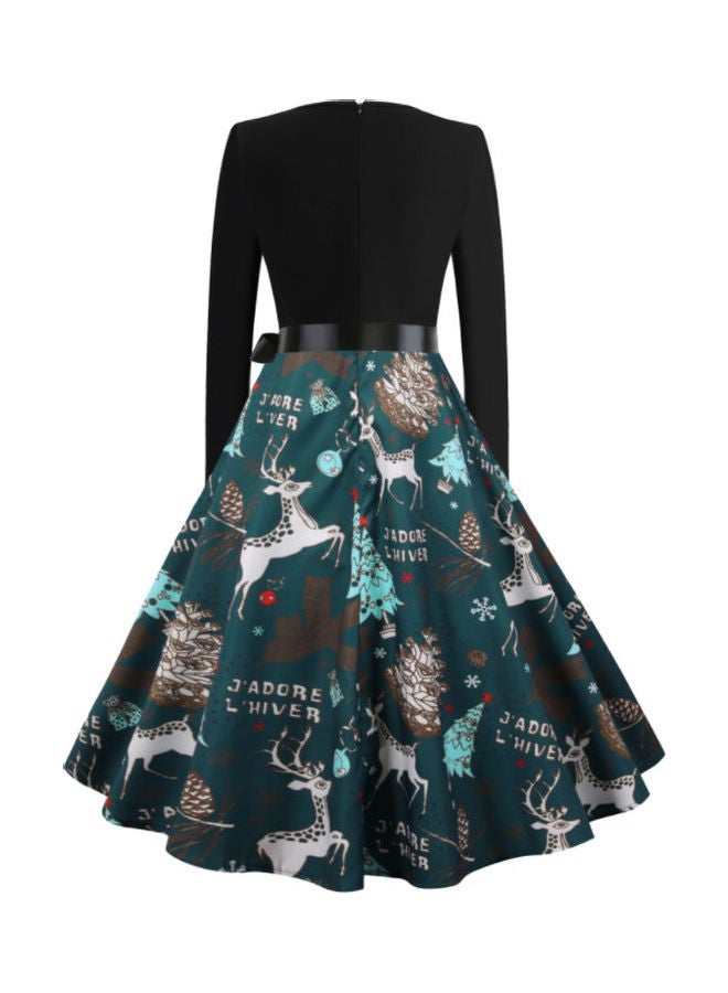 OUTAD Printed Long Sleeve Party Fashion Dress Black/Green - Image 2