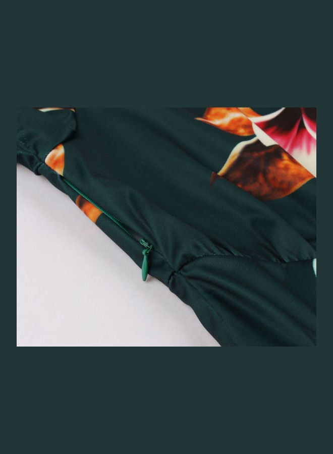 OUTAD - Floral Printed Long Sleeve Lace Up Elegant Dress Green - Image 1