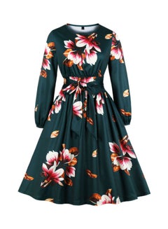 Floral Printed Long Sleeve Lace Up Elegant Dress Green