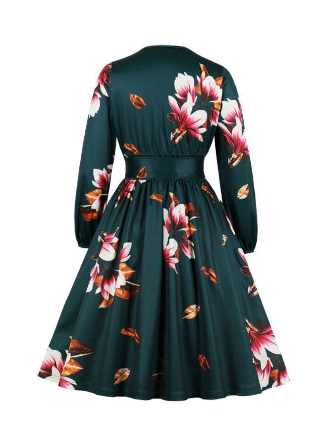 OUTAD - Floral Printed Long Sleeve Lace Up Elegant Dress Green - Image 1