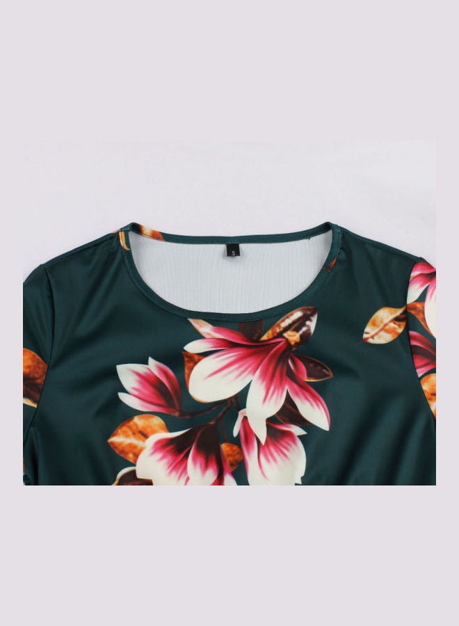 OUTAD - Floral Printed Long Sleeve Lace Up Elegant Dress Green - Image 1