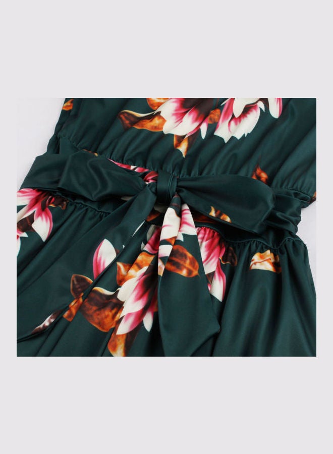 OUTAD - Floral Printed Long Sleeve Lace Up Elegant Dress Green - Image 1