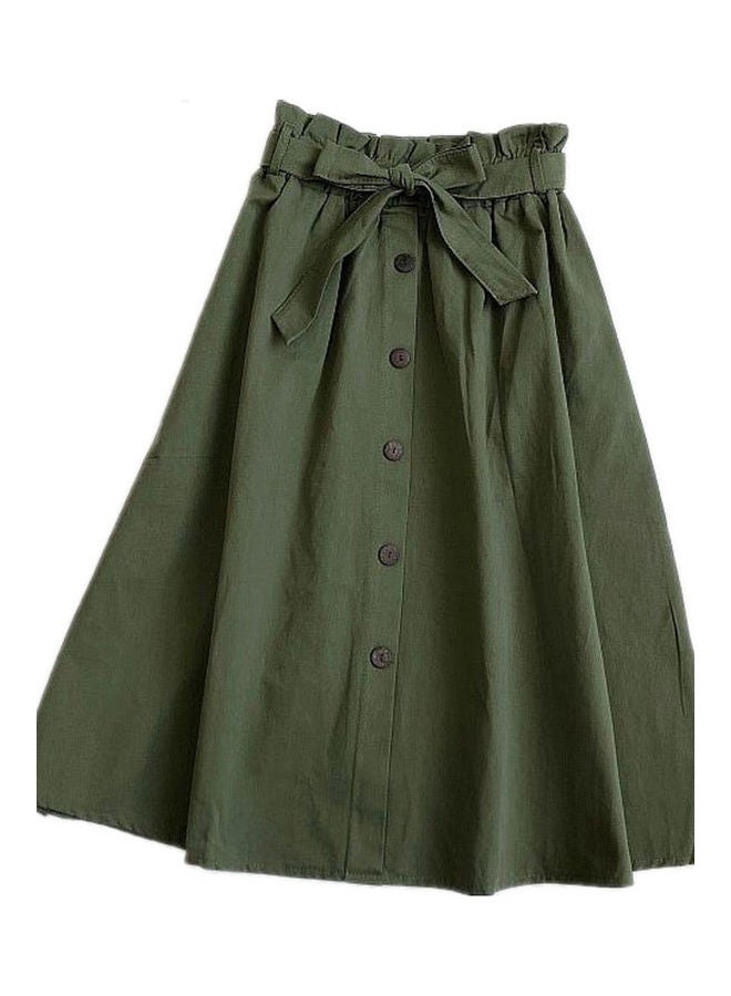 High Waist Pleated A-Line Midi Skirt Green - Image 1