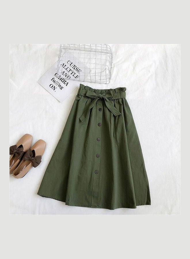 High Waist Pleated A-Line Midi Skirt Green - Image 2