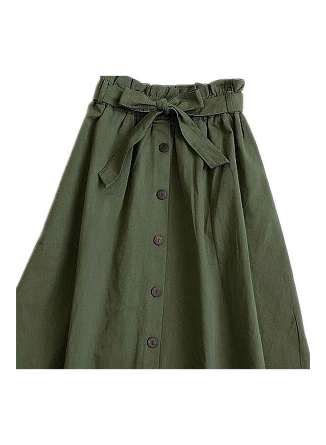High Waist Pleated A-Line Midi Skirt Green - Image 3