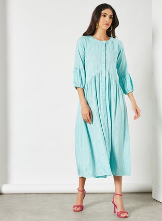 Solid Pattern Round Neck Midi Modest Dress Blue