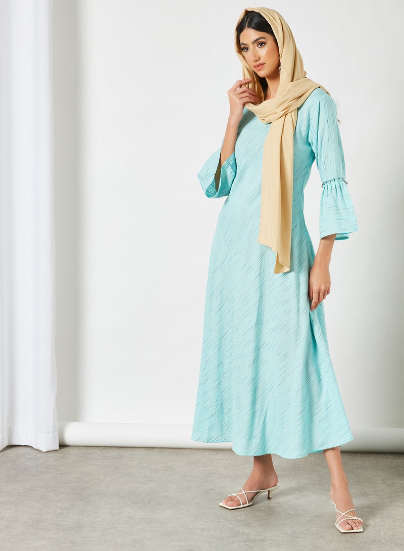Zyna Fashion - Striped Pattern Keyhole Neck Maxi Modest Dress Sky Blue - Image 1