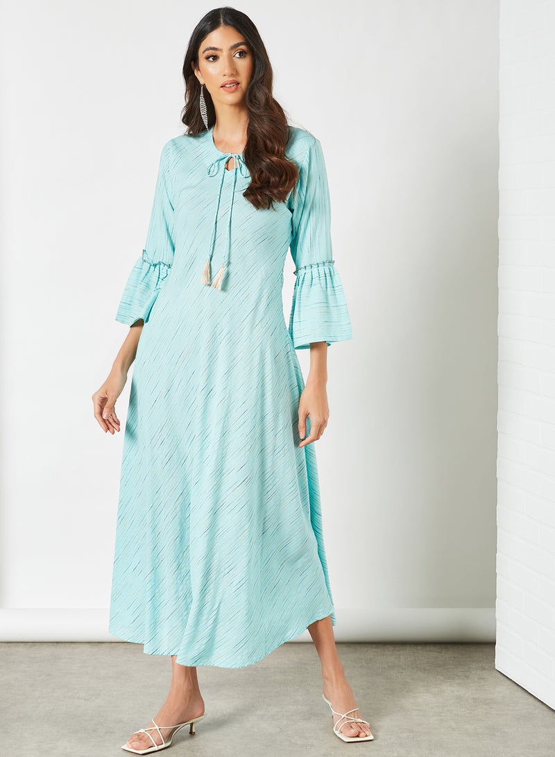 Zyna Fashion - Striped Pattern Keyhole Neck Maxi Modest Dress Sky Blue - Image 1