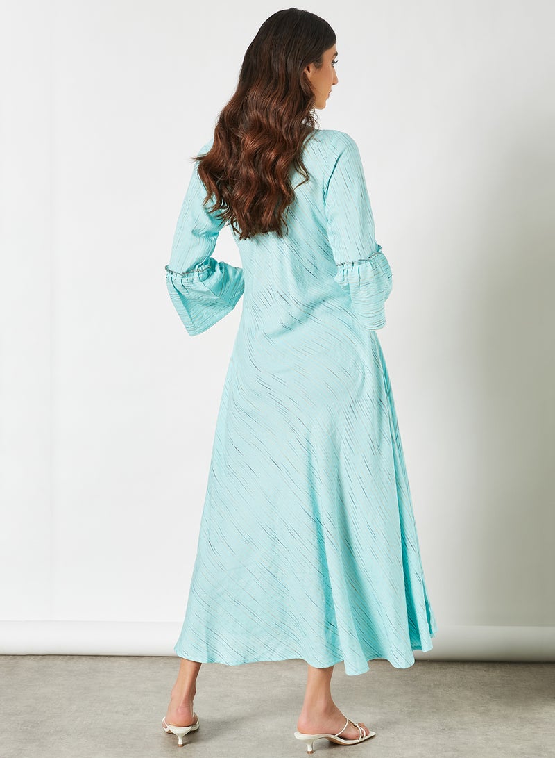 Zyna Fashion - Striped Pattern Keyhole Neck Maxi Modest Dress Sky Blue - Image 1