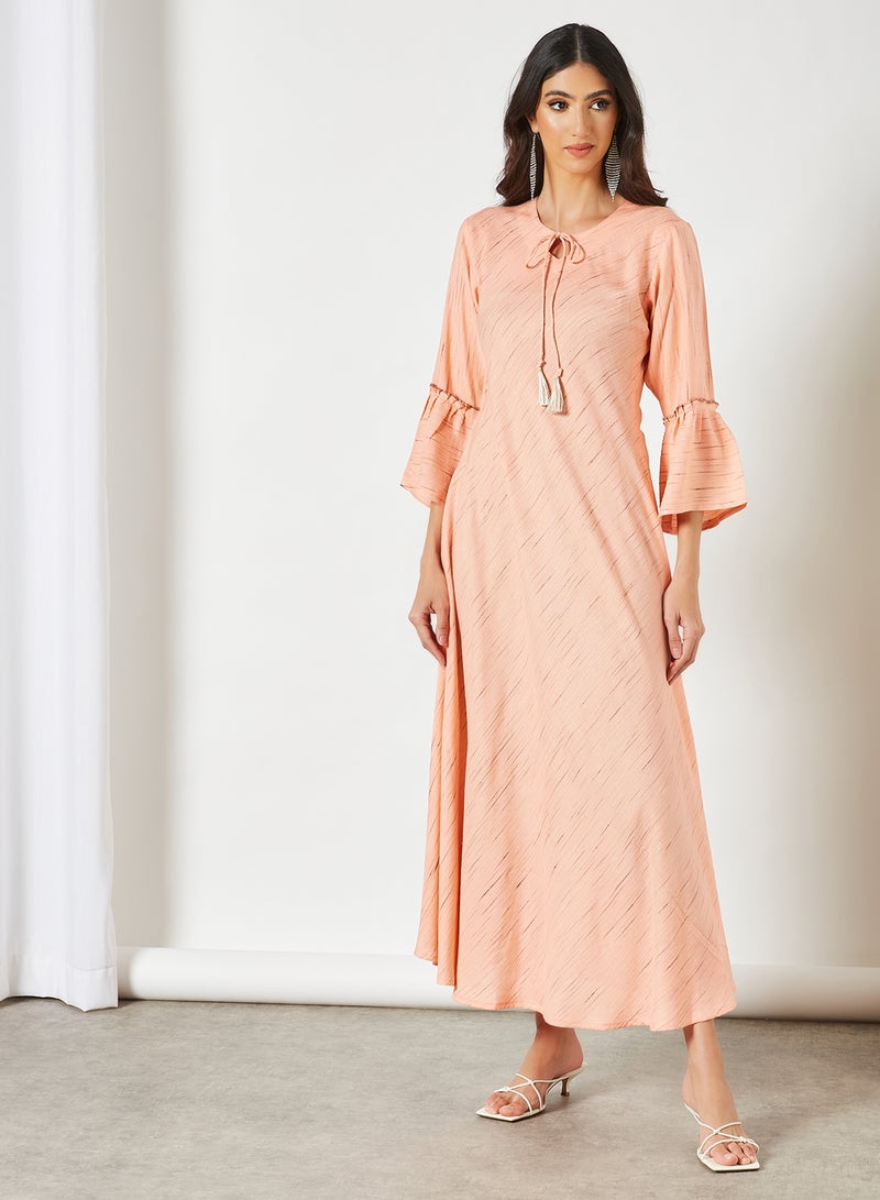 Zyna Fashion - Striped Pattern Keyhole Neck Maxi Modest Dress Peach - Image 1