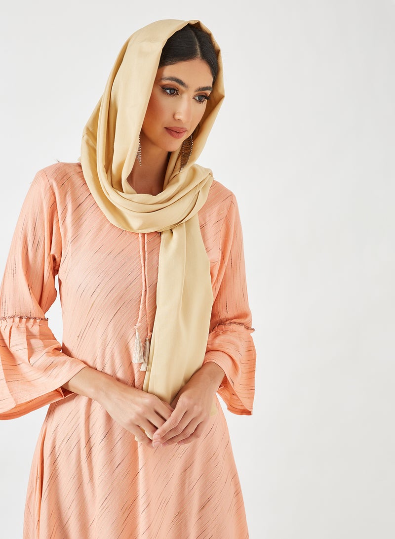 Zyna Fashion - Striped Pattern Keyhole Neck Maxi Modest Dress Peach - Image 1