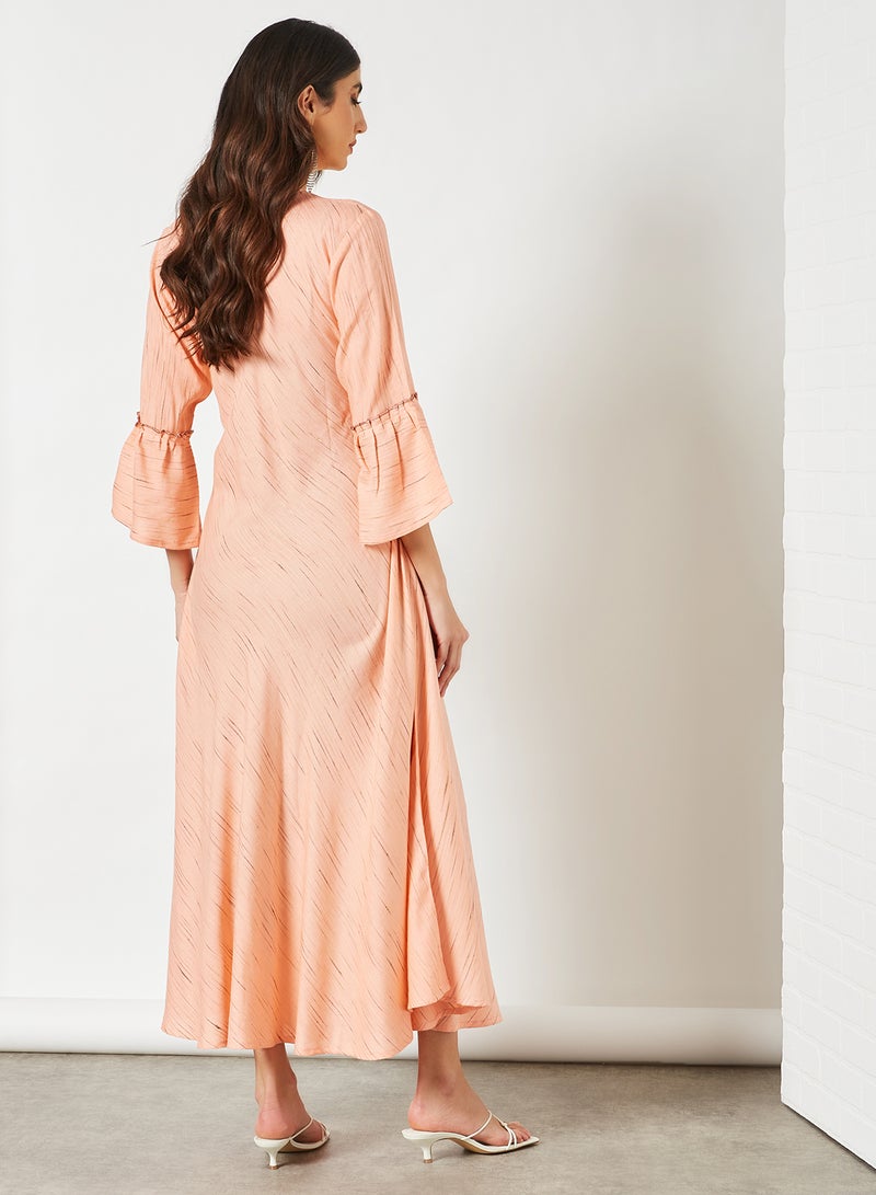 Zyna Fashion - Striped Pattern Keyhole Neck Maxi Modest Dress Peach - Image 1