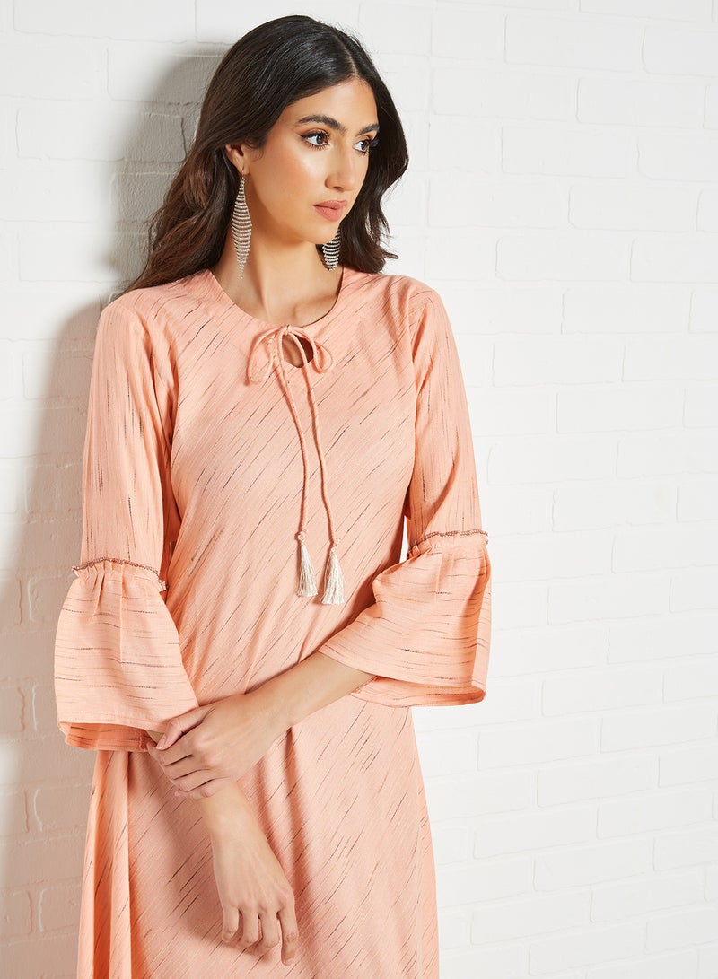 Zyna Fashion - Striped Pattern Keyhole Neck Maxi Modest Dress Peach - Image 1