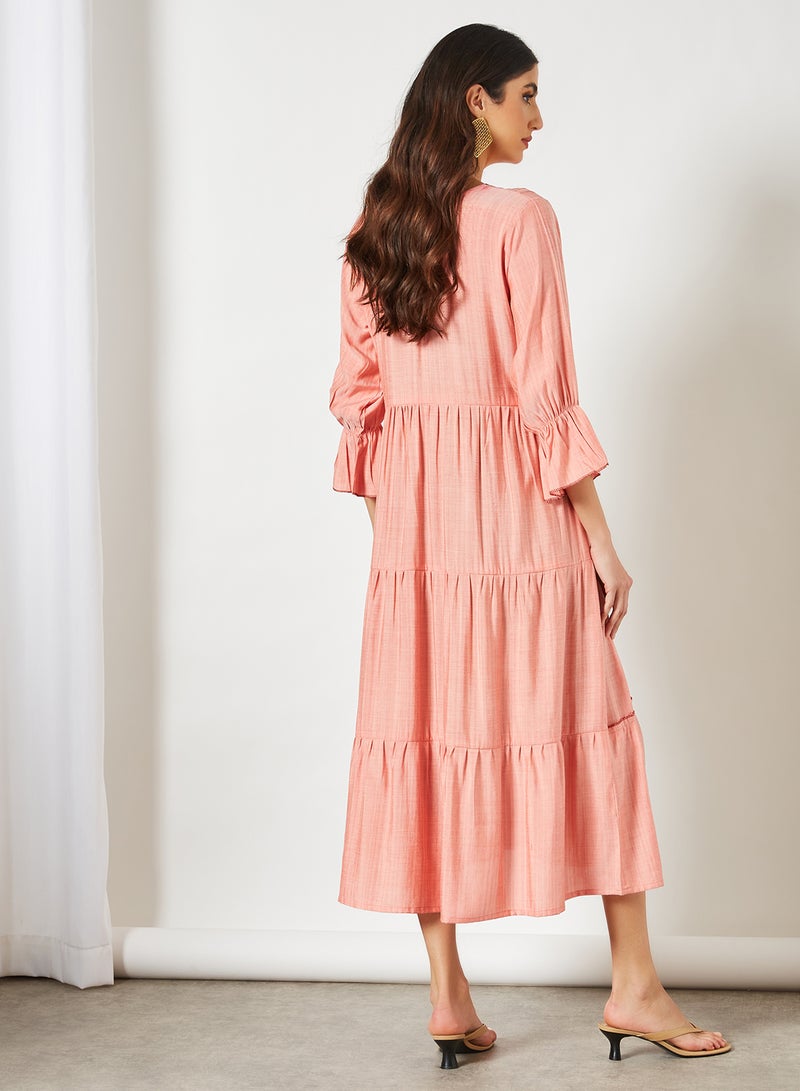 Zyna Fashion - Simple Tiered Pattern Midi Modest Dress Peach - Image 1