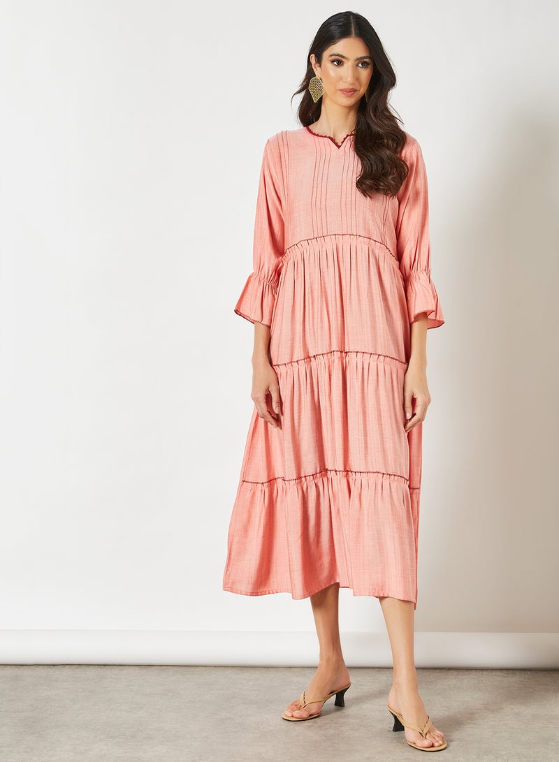Zyna Fashion - Simple Tiered Pattern Midi Modest Dress Peach - Image 1