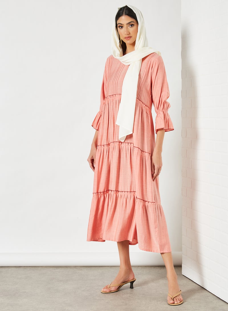 Zyna Fashion - Simple Tiered Pattern Midi Modest Dress Peach - Image 1