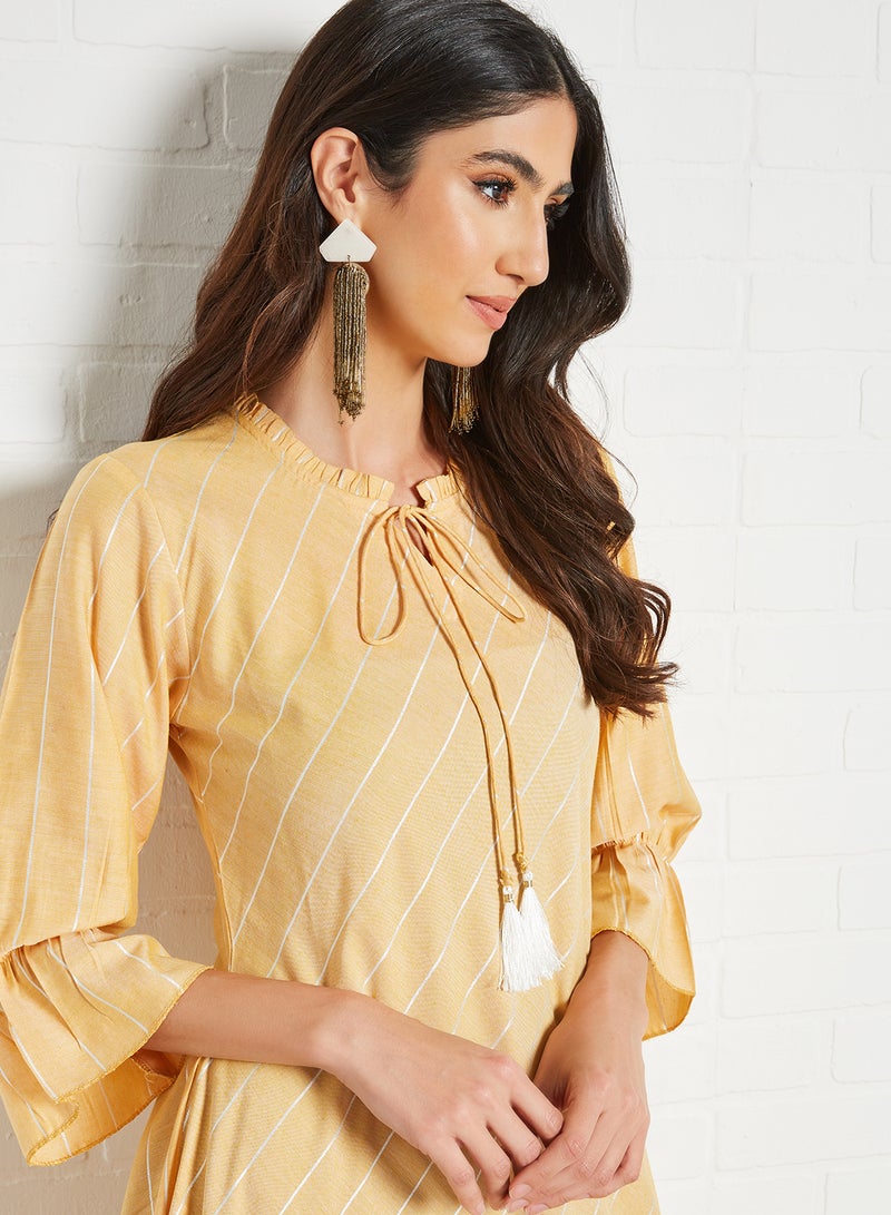 Zyna Fashion - Striped Pattern Keyhole Neck Midi Modest Dress Yellow - Image 1