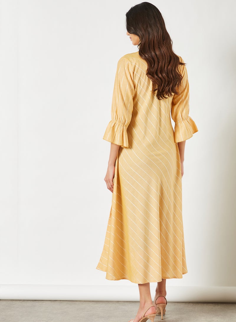 Zyna Fashion - Striped Pattern Keyhole Neck Midi Modest Dress Yellow - Image 1