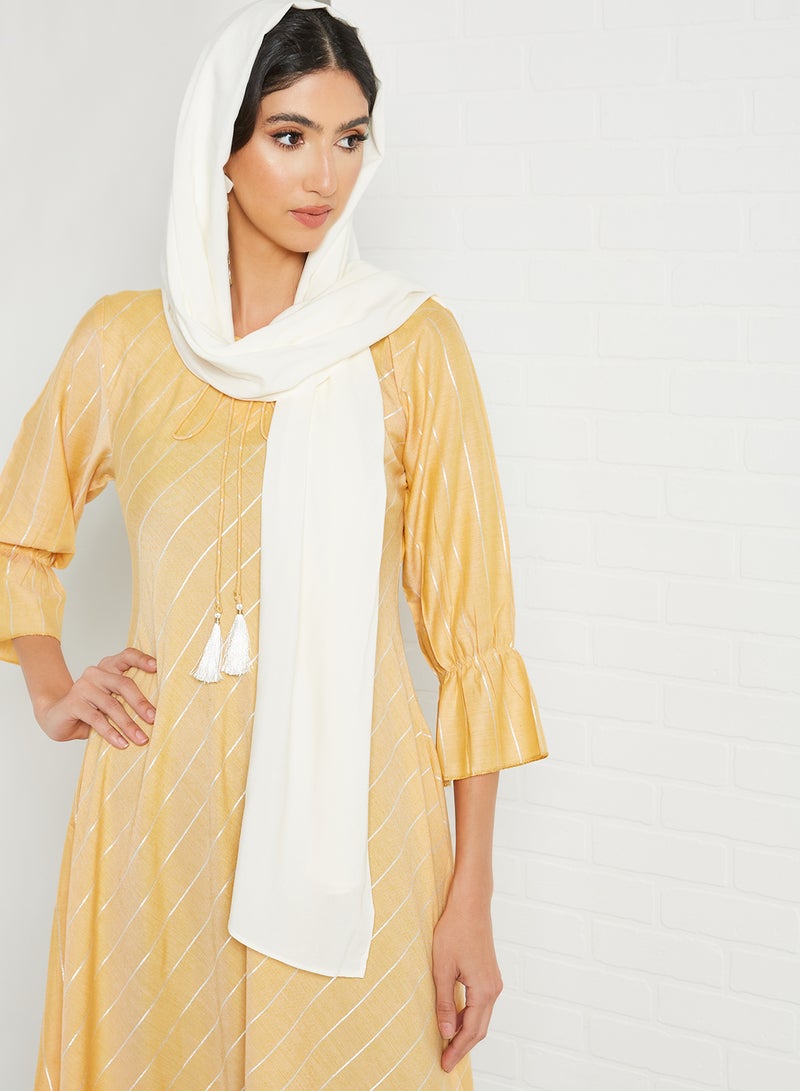 Zyna Fashion - Striped Pattern Keyhole Neck Midi Modest Dress Yellow - Image 1