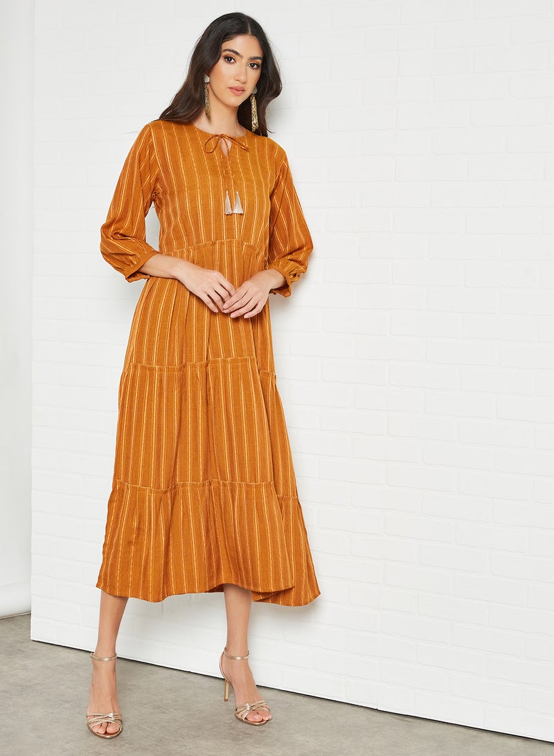 Zyna Fashion - Striped Pattern Tiered Hem Midi Modest Dress Orange - Image 1