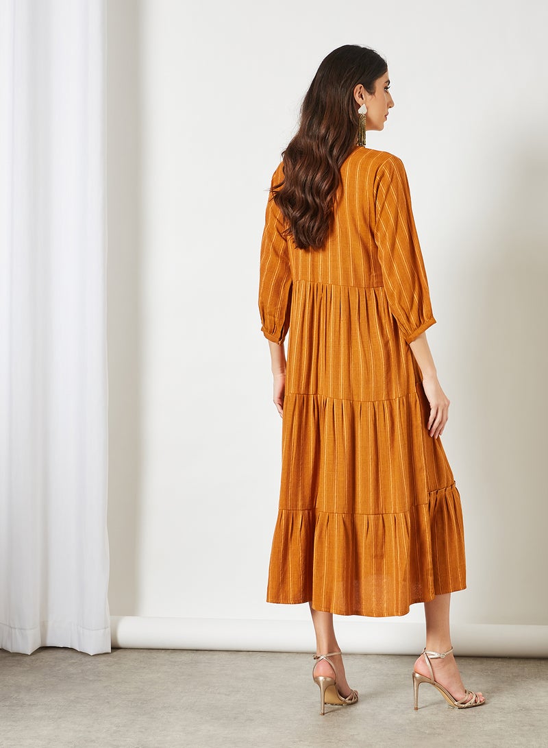 Zyna Fashion - Striped Pattern Tiered Hem Midi Modest Dress Orange - Image 1