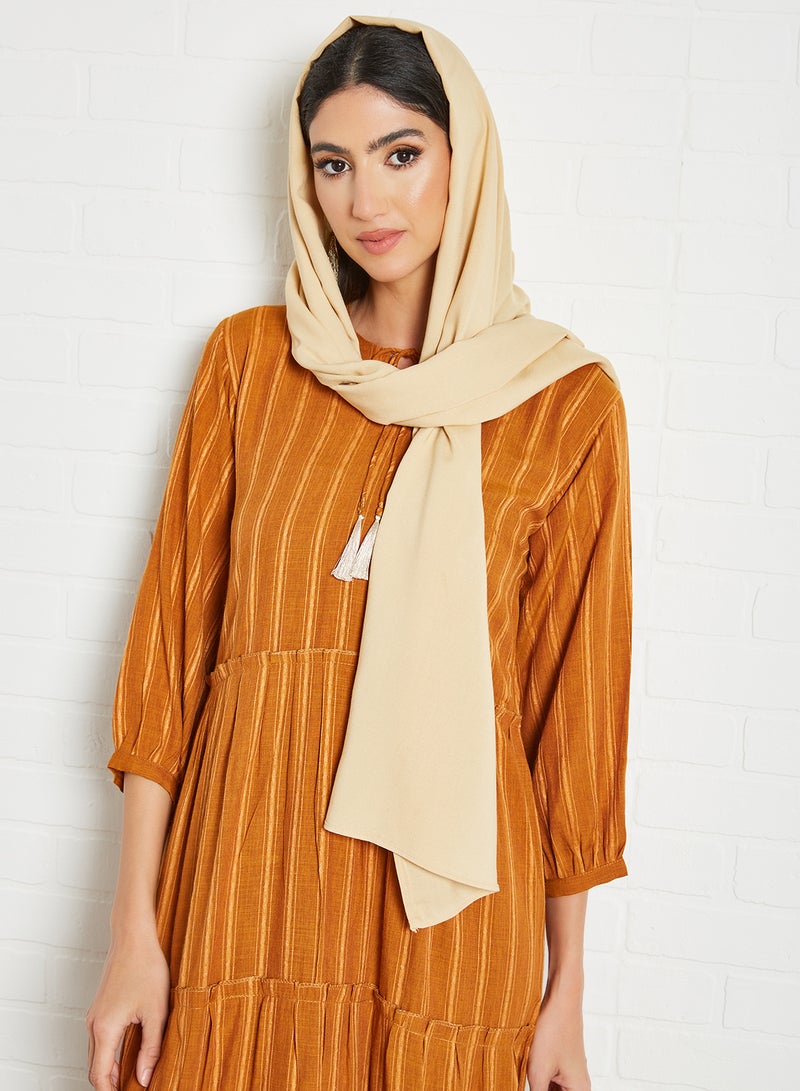 Zyna Fashion - Striped Pattern Tiered Hem Midi Modest Dress Orange - Image 1
