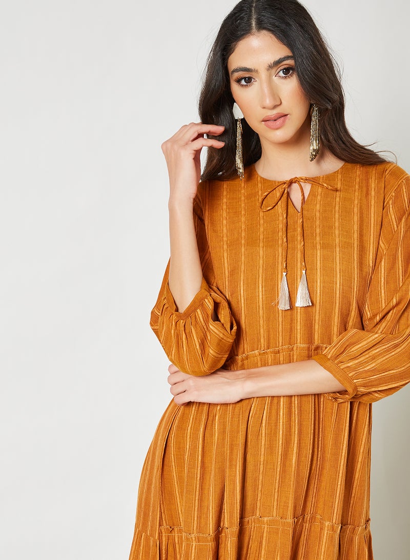 Zyna Fashion - Striped Pattern Tiered Hem Midi Modest Dress Orange - Image 1