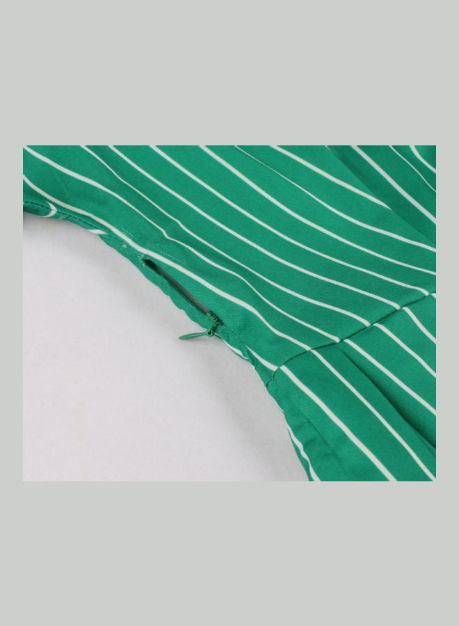 OUTAD Retro Striped Elegant Dress Green - Image 5