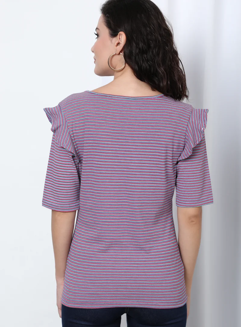 Aila Round Neck Striped Pattern Blouse Top Pink/Black