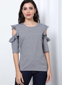 Round Neck Cold Shoulder Sleeve Blouse Top Black/White