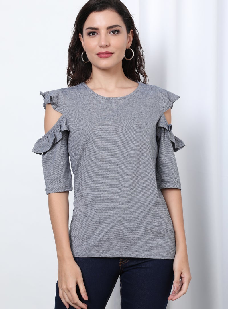 Aila - Round Neck Cold Shoulder Sleeve Blouse Top Black/White - Image 1