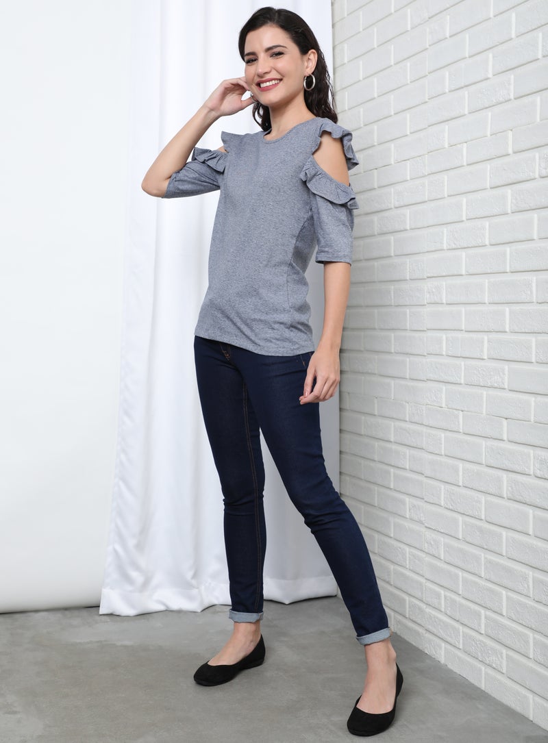 Aila - Round Neck Cold Shoulder Sleeve Blouse Top Black/White - Image 1