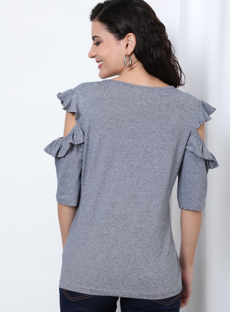 Aila - Round Neck Cold Shoulder Sleeve Blouse Top Black/White - Image 1
