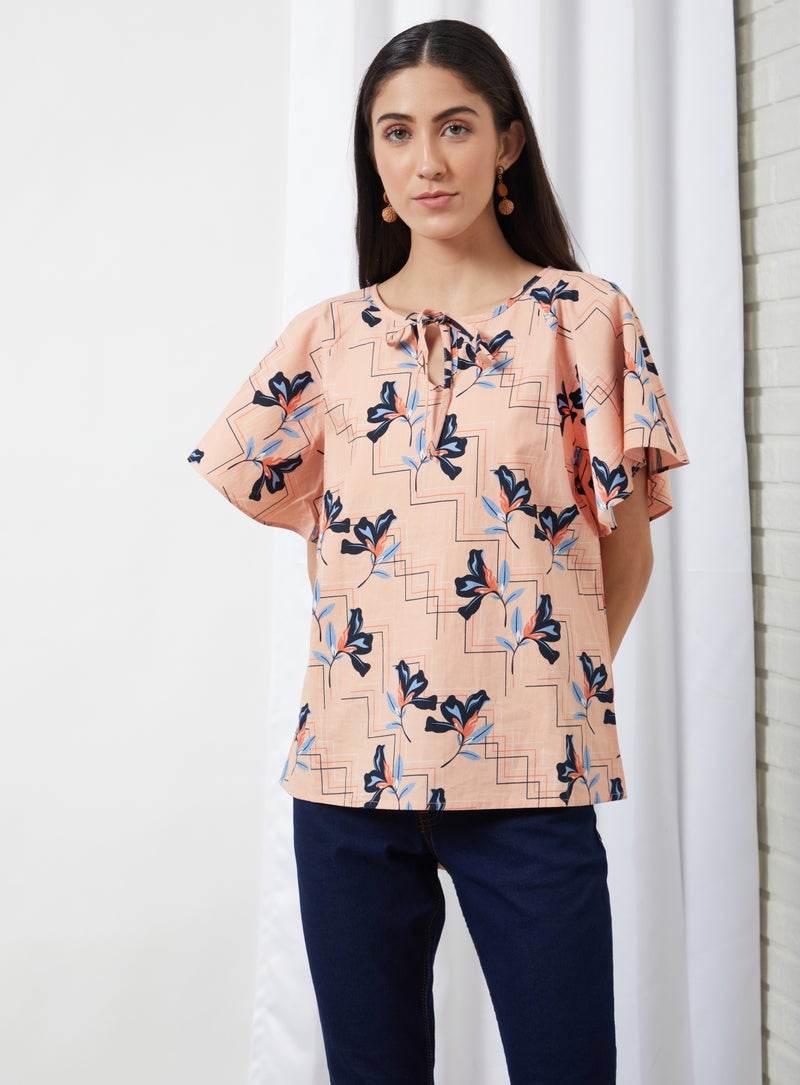 Aila Printed Keyhole Neck Blouse Top Peach Aop  - Image 1