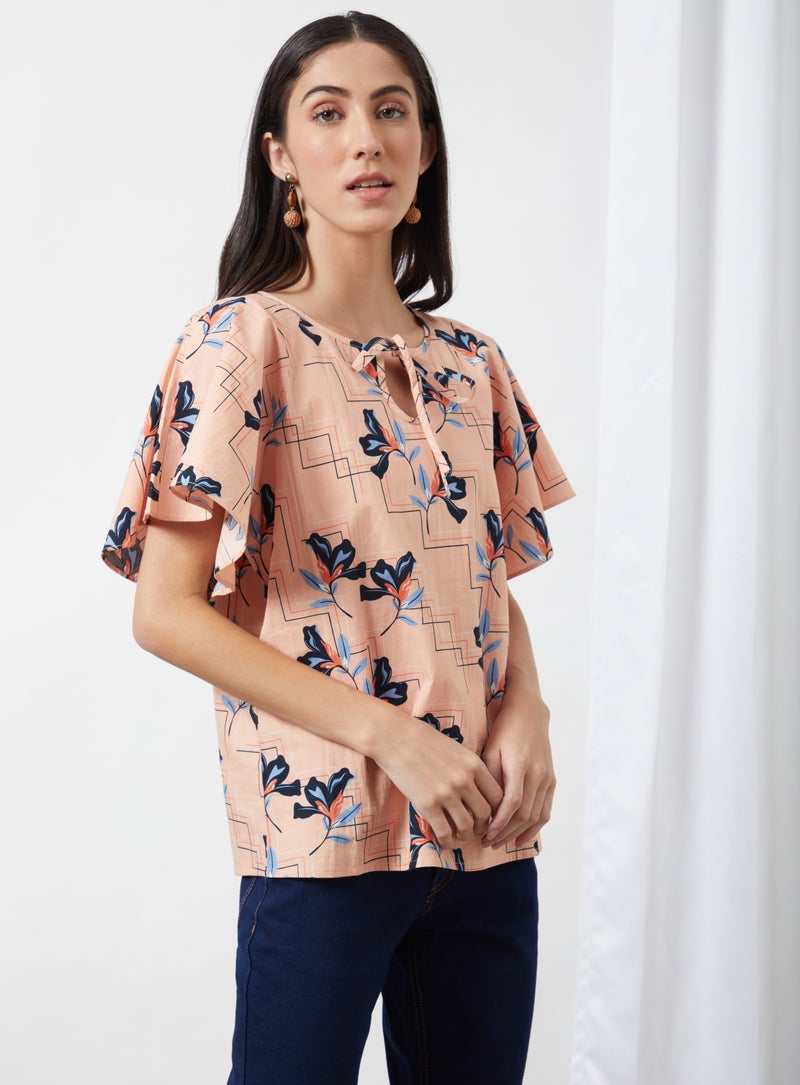 Aila Printed Keyhole Neck Blouse Top Peach Aop  - Image 2