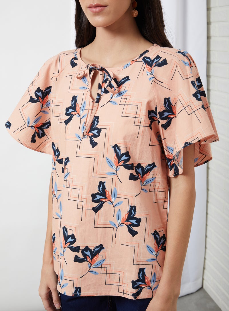 Aila Printed Keyhole Neck Blouse Top Peach Aop  - Image 4