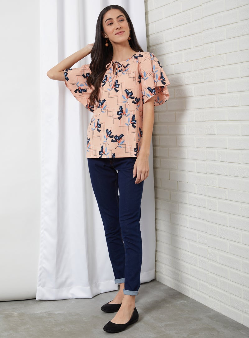 Aila Printed Keyhole Neck Blouse Top Peach Aop  - Image 5