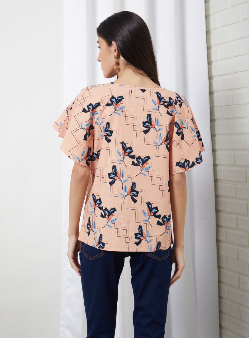 Aila Printed Keyhole Neck Blouse Top Peach Aop  - Image 3