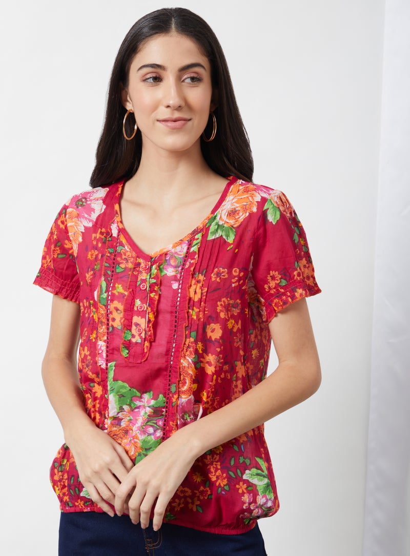 Floral Printed V-Neck Blouse Top Pink Aop