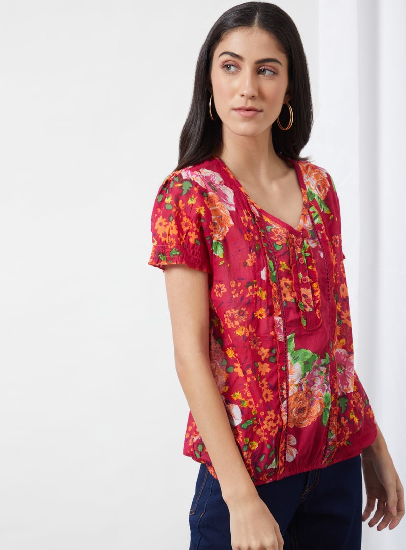 Floral Printed V-Neck Blouse Top Pink Aop