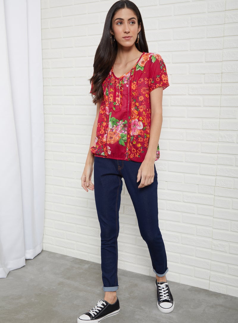 Floral Printed V-Neck Blouse Top Pink Aop