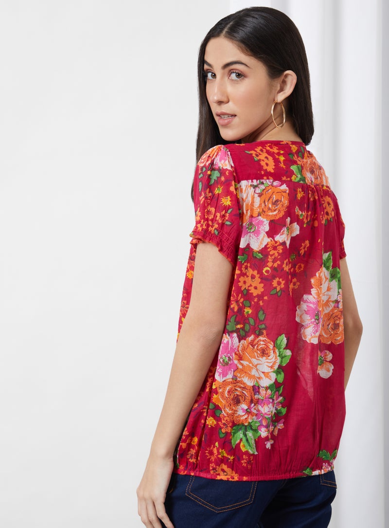 Floral Printed V-Neck Blouse Top Pink Aop