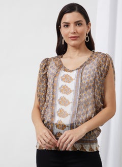 Paisley Round Neck Blouse Top Brown Aop