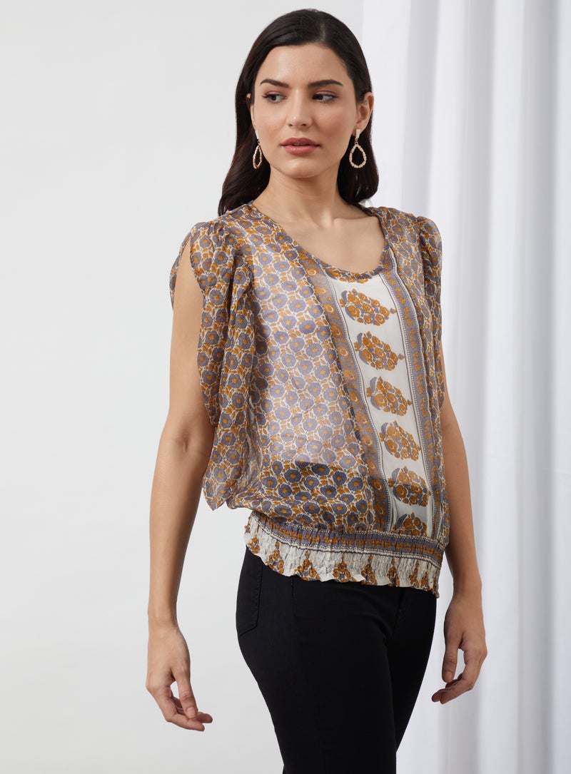 Aila - Paisley Round Neck Blouse Top Brown Aop - Image 1
