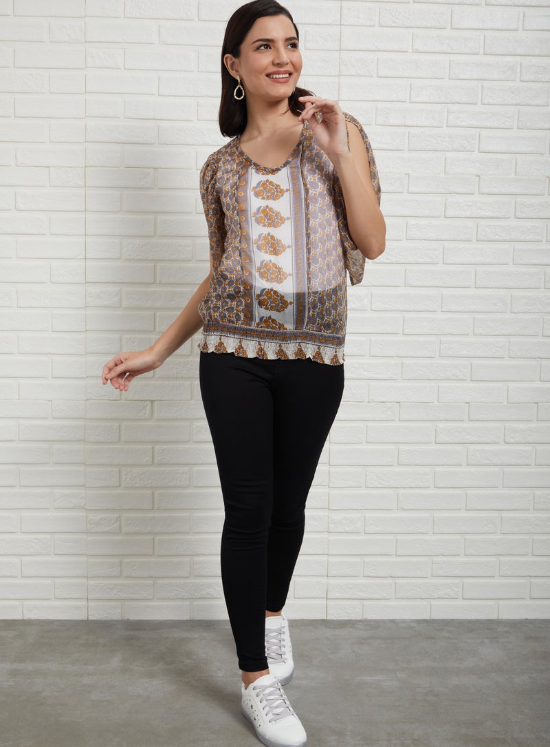 Aila - Paisley Round Neck Blouse Top Brown Aop - Image 1