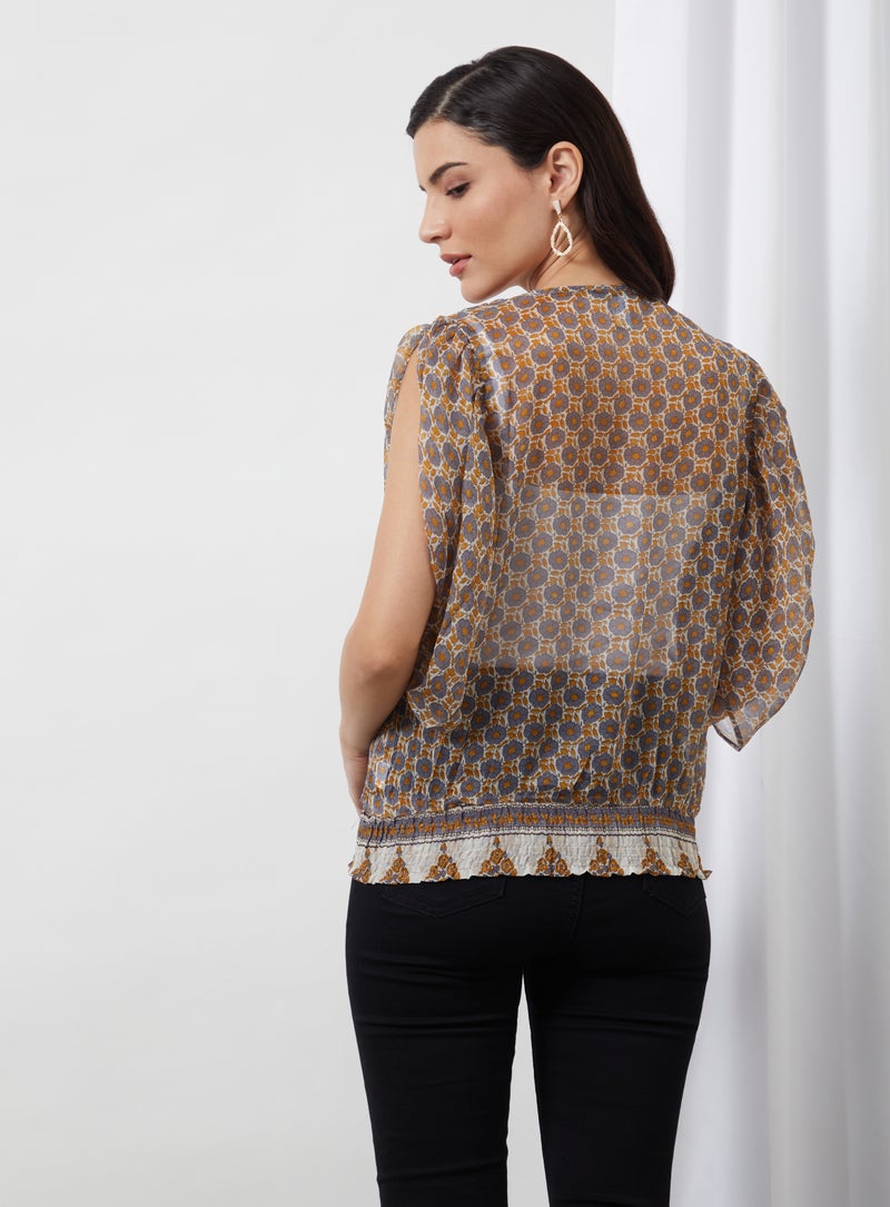 Aila - Paisley Round Neck Blouse Top Brown Aop - Image 1