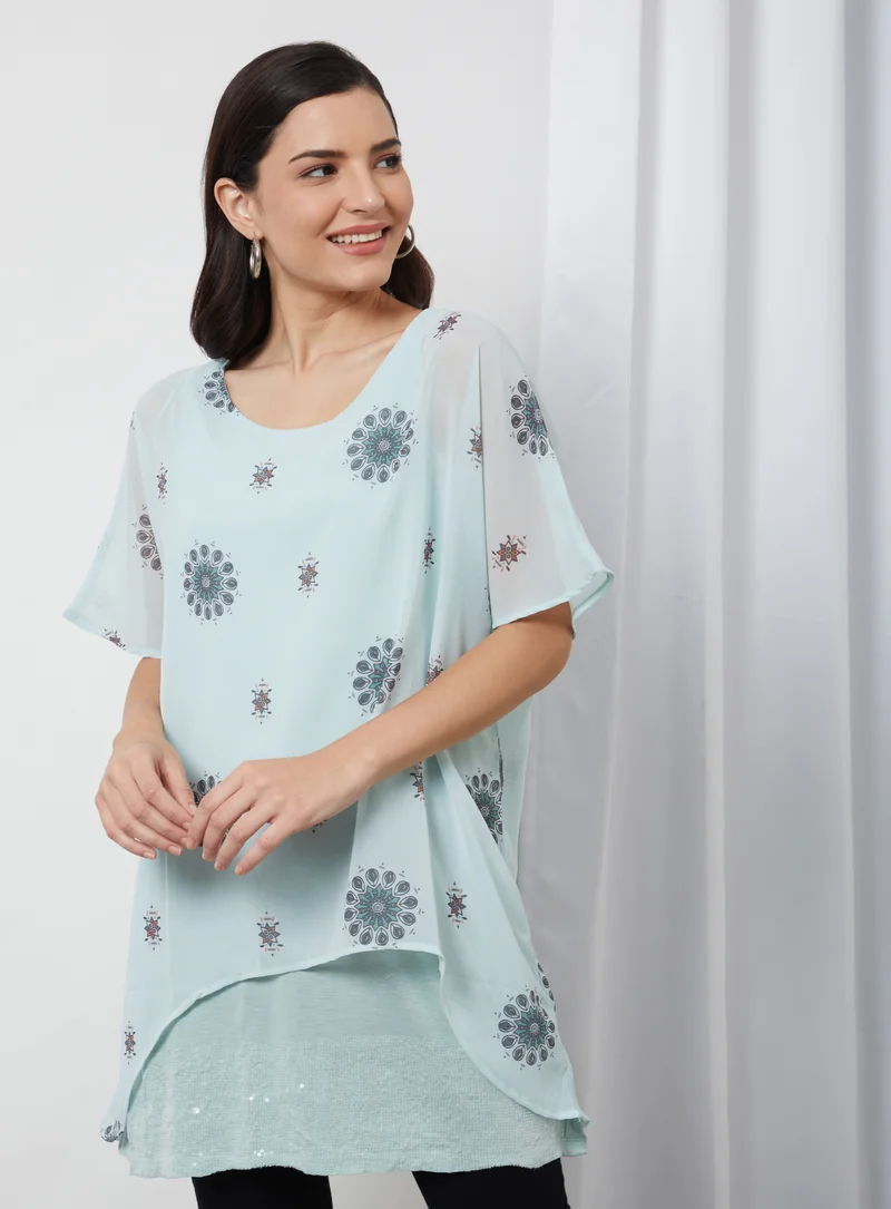 Aila Printed Round Neck Blouse Top